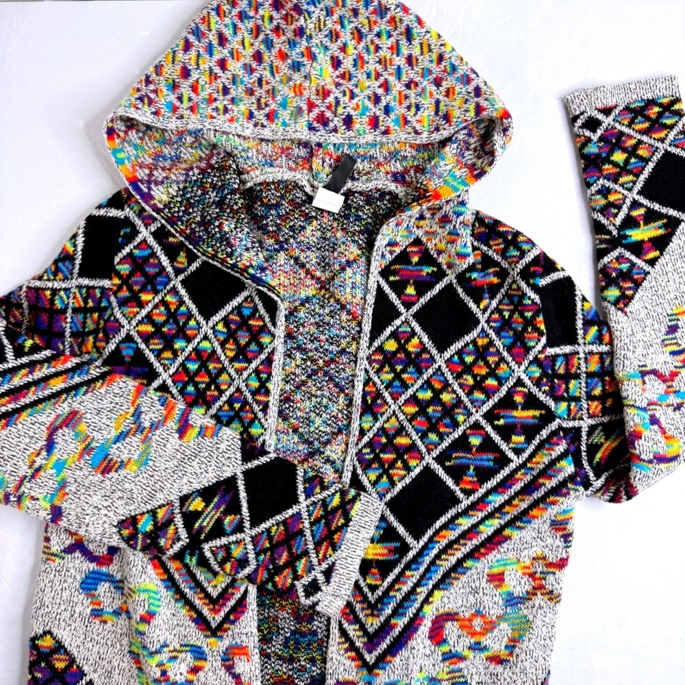 Pinklicious Rainbow Geometric Hooded Longline Cardigan Open Front Sweater Multi
